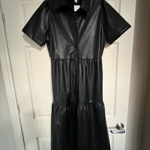 Evereve Black Faux Leather Tiered Button-Front Midi Dress